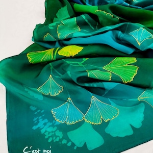 Turquoise Green Hand-Painted Silk Scarf – Ginkgo Biloba Botanical Art – Unique Gift for Her – Elegant Natural Silk Accessory&quot;