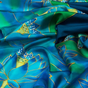 Hand-Painted Mulberry Silk Scarf: Lotus Dragonfly Shawl