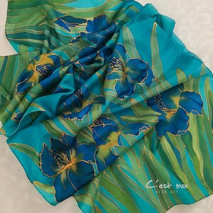 Silk Hand Painted Scarf with iris Flower like Van Gogh-100% Mulberry Silk -Artistic Floral Wrap - Elegant Gift for Her-One of a Kind