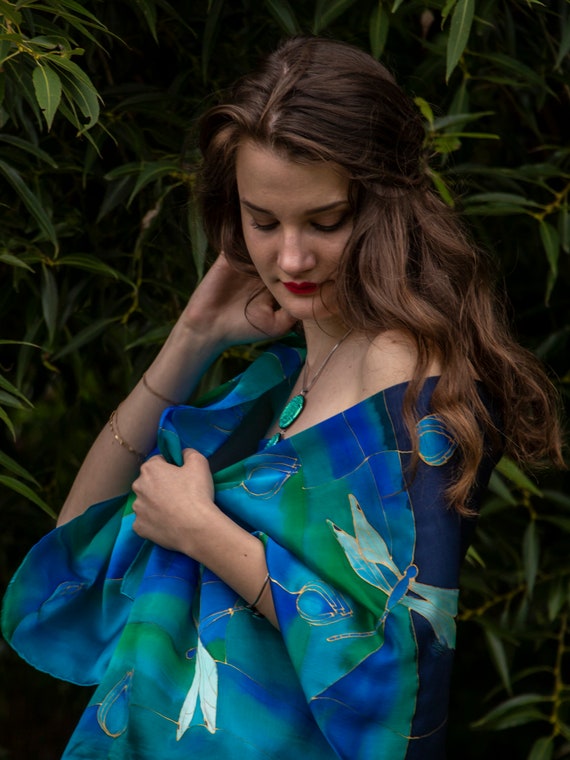 Dragonfly Hand Painted Silk Satin Scarf ,silk Scarf, Unique