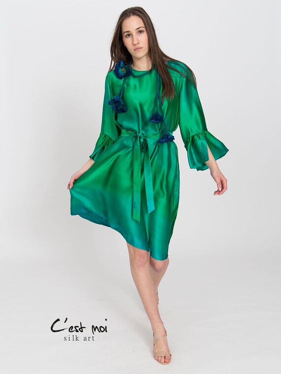 hand painted silk dresses One of a Kind Iris Satin Dressing Gown  LFrank the dress could be made in different colors to meet your wishes The Deep Forest -Painted Silk