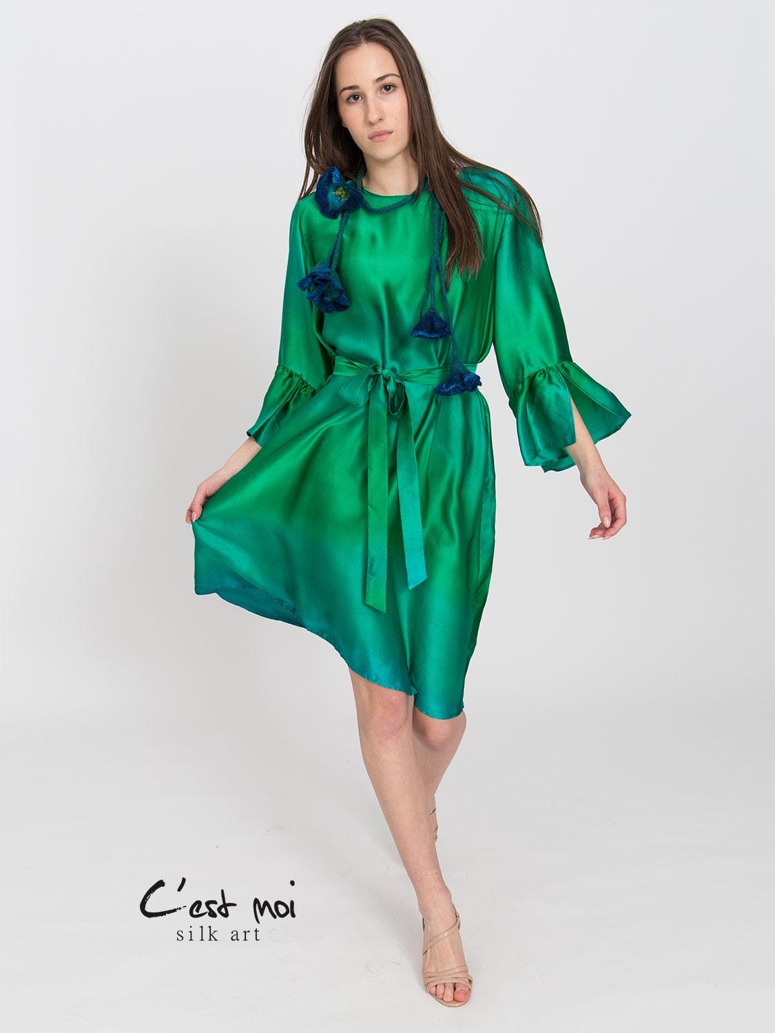 hand painted silk dresses 1980s Hand Painted Silk Dress