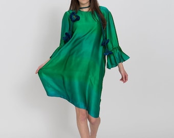 Hand-Painted Silk Satin Dress: Luxury Wearable Art, Runway Gown