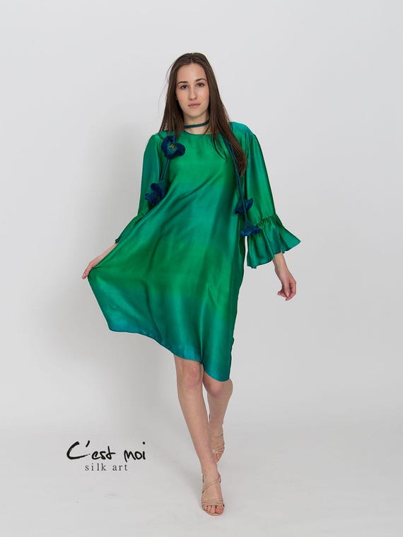 loose fit silk dress Hand-Painted Silk Satin Dress: Luxury Wearable Art, Runway Gown