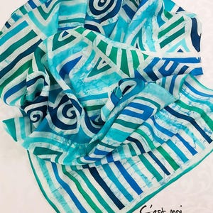 Hand-Painted Green Leaves Silk Scarf: Ponge 10 Silk