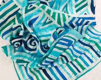 Hand-Painted Green Leaves Silk Scarf: Ponge 10 Silk
