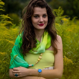 green and yellow silk scarf&quot; hand painted silk scarf as a jewel, unique handmade silk scarf with jewellery ,silk round scarf