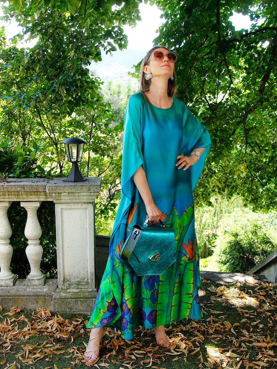 tropical silk dress Hand-painted Turquoise Silk Dress: Tropical Flower Kaftan