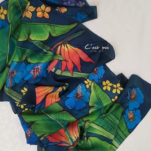 Hand-Painted Mulberry Silk ScarfWith TropicFlower  – Unique  and Luxury Handmade Silk Shawl – Elegant Gift for Her