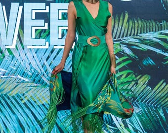 green silk kimono dress Hand-painted Silk Kimono Dress, Green Gray Gown, Art to Wear