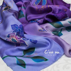 Hand-Painted purple dragonfly Silk Scarf – Unique Handmade Silk Shawl – Elegant Gift for Her