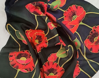 Hand-Painted Silk Poppy Scarf: Wearable Art Shawl