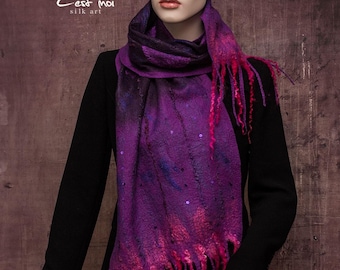 Hand-Dyed pink and viola Nuno Felted Scarf: Silk & Merino Wool Shawl - Wearable Art