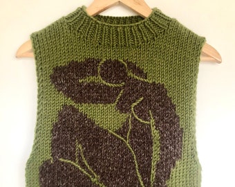 Hand-knitted sweater / knit vest / Green knit vest/ Knitwear women/ Knitted artwork / Sleeveless vest / Gift