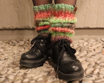 Hand Knit Wool Leg Warmers, Multicolor Gradient, Boho Christmas Gaiters