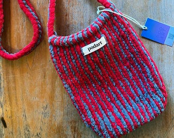 Pink & Grey Striped Fluffy Shoulder Bag, Soft Plush Purse, Boho Y2K Style