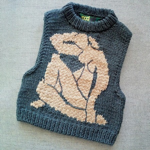 May include: A blue knitted vest with a beige graphic design. The vest has a ribbed hem and collar, and the graphic appears to be a stylized figure. The word "pod" is visible on the collar.