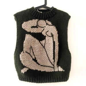 Handknit sweater vest / Matisse vest / Dark green knit vest / Knit sweater vest for women / Knitted artwork / Sleeveless vest / Gift for her