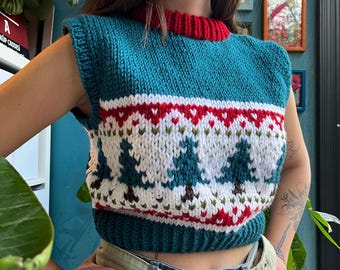 Handgestrickte Wolle Pullover Weste: Pine Tree Holiday Weste