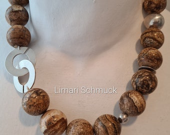 Limari Schmuck Vintage Edelsteinkette 49 cm mit Landschaftsjaspis 20 mm und großer Schmuckschließe in Silber 925