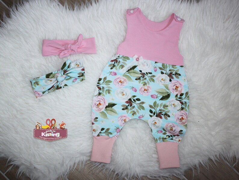 Baby Jersey romper girl white pink roses on light blue-mine with loop in desired size