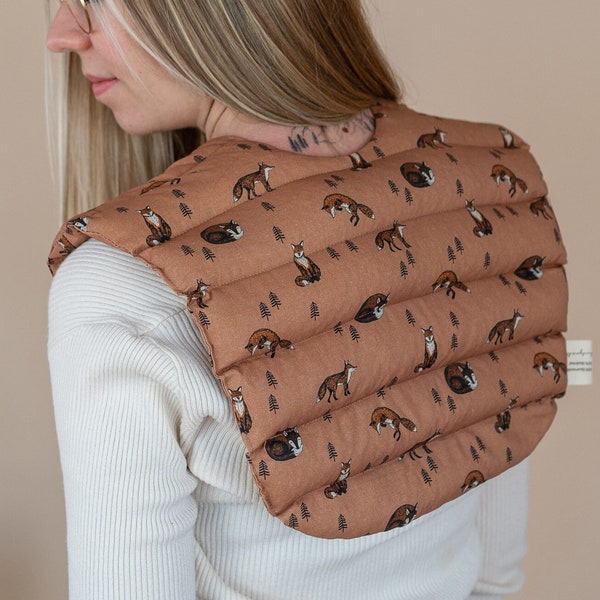 Stor nackkudde med dinkel och rävdesign, värmande nack- och axelkudde fylld med dinkel, orange rävkornskudde för värme