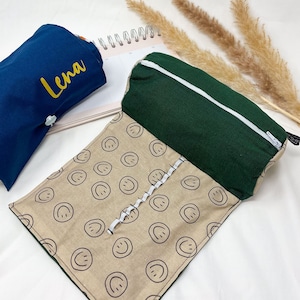 Personalized pencil case school - green smiley - pencil case with name elastic band, gift student, pencil case girl with name