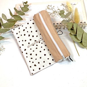 Gift for a student with name - pink beige pencil case for approx. 12 pencils, pencil case with elastic band, pencil case for girls with dots