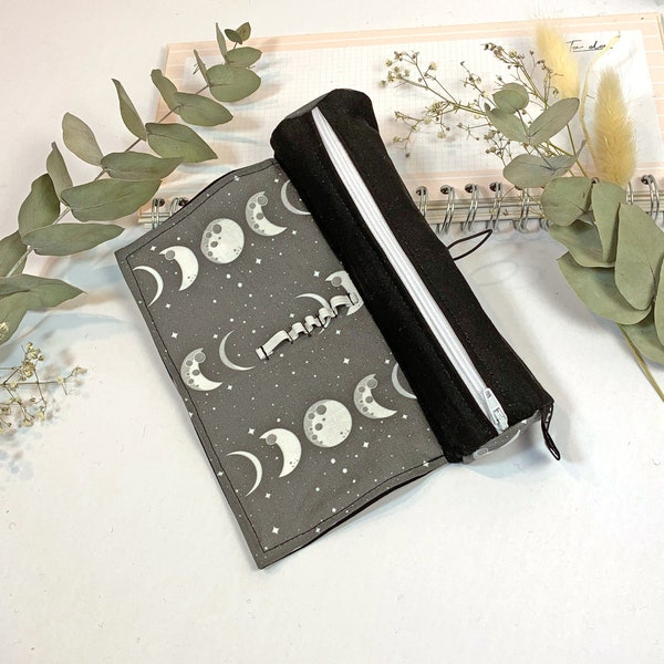 Pencil case black for study or school, small pencil case with rubber loops for rolling, pen roll stars, little Joseph