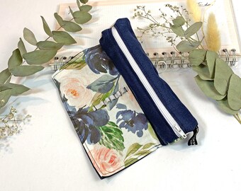 Pencil case personalized Blue flowers for study / school, small pencil case with desired text for rolling, pencil case, small Hauke