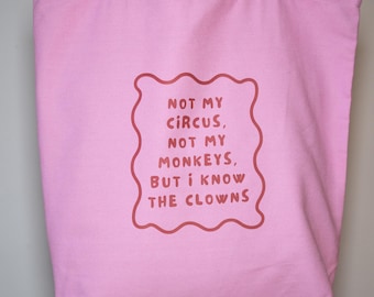 Borsa shopper con slogan, borsa tote "Clowns", borsa in cotone, borsa da spiaggia XXL, borsa in cotone – Borsa in iuta sostenibile con manici lunghi