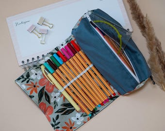 Pode incluir: Um conjunto de artigos de papelaria com um caderno, um estojo e um estojo de canetas. O caderno tem as palavras "Notizen" e "To do". O estojo é azul e o estojo de canetas é floral. Várias canetas coloridas e um transferidor são visíveis.
