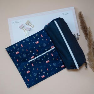 Personalizable cotton pencil case with name, pencil case blue London, cosmetic bag, pencil case England