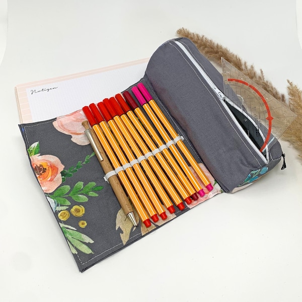 Pencil case personalized for university/study/school, pink girl pencil case, pencil case, pencil case, pencil roll, gray flowers