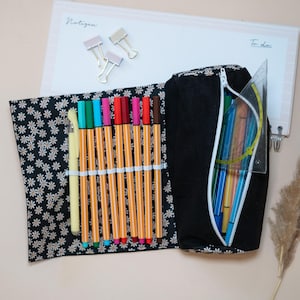 Pencil case &quot;Karla&quot; / pencil case, pen case, pencil case, school, study, pencil case, pencil roll, university, black, daisies