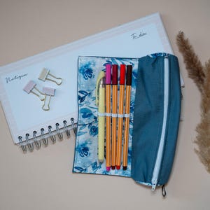 Gift for student - blue pencil case for 12 pencils, pencil case with elastic band, pencil case for girls with flowers, petrol light blue flowers