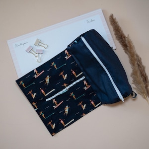Gepersonaliseerde etui van katoen donkerblauw surfer, etui met rits, etui met naam, school etui surfer, Hawaii
