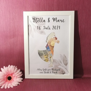 Geldgeschenk Bilderrahmen, Geschenk zur Hochzeit mit Motiv, Paar Silhouette und Blätter, A4, 21x30cm mit Namen und Daten *karokreativ*