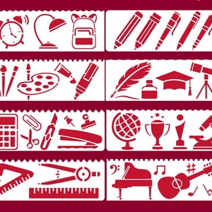 Könnte beinhalten: Rote Silhouetten-Schablonen von Schulmaterialien, Musikinstrumenten und anderen Lernwerkzeugen. Die Schablonen sind in Reihen auf weißem Hintergrund angeordnet.