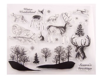 Winter Weihnachten Wald Hirsch & co. Silikonstempel Clearstamp Motivstempel DIY Basteln