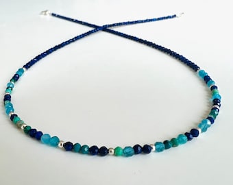 Lapislazuli Kette mit Apatit & Chrysokoll 925 Sterling Silber