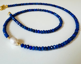 Lapislazuli Kette mit Süßwasser Perle 925 Sterling Silber vergoldet