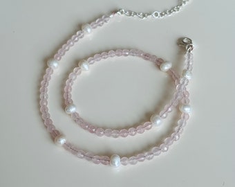 Rose Quartz Necklace with Baroque Pearls 925 Sterling Silver