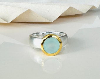 Aqua Chalcedon Ring 925 Sterling Silber / teilvergoldet