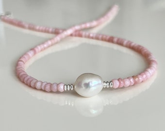 Pink Opal Kette mit Barock Perle 925 Sterling Silber