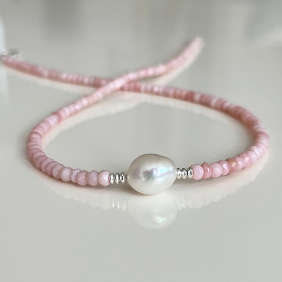 Pink Opal Kette mit Barock Perle 925 Sterling Silber
