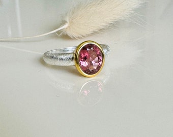 Pink Tourmaline Ring 925 Sterling Silver/partially gold plated