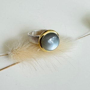 Può includere: Un anello d'argento con una pietra preziosa grigia incastonata in una ghiera d'oro. L'anello è testurizzato e ha un design semplice.