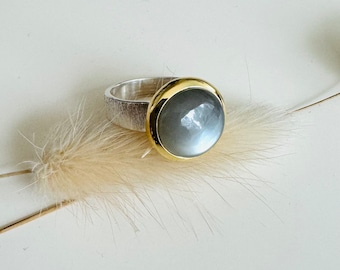 Grey moonstone ring in bicolor look 925 Sterling silver/partially gold-plated