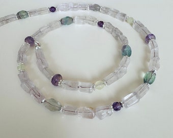 Kunzite necklace with amethyst, fluorite and jade 925 sterling silver
